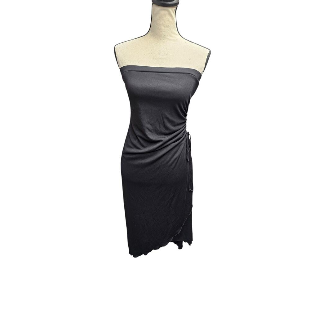 Y2K Dark Fairy Grunge Black Midi Dress Medium Ruched Bodycon High Low Layered